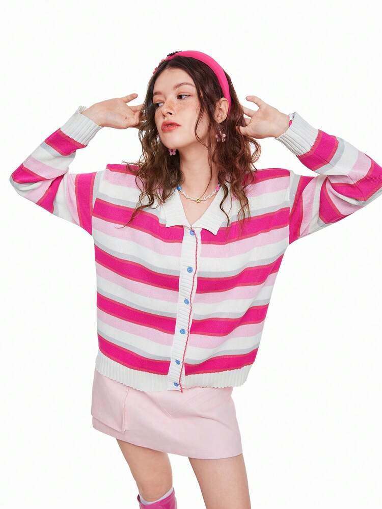 Casual Easter White & Pink Contrast Color Multicolor Women's Spring Cardigan