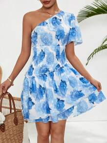 Breezaya Vestido De Cintura De Flores Para Mujer Con Un Solo Hombro Y Mangas Cortas Fruncidas
