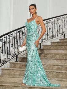 SHEIN Belle 优雅华丽的女士草绿色性感背带吊带背心奢华高弹力亮片花卉宴会礼服适合派对宴会节日度假及地晚礼服（重工）正式舞会婚礼宾客礼服，适合毕业典礼、晚宴 - 綠色 - 查看 7