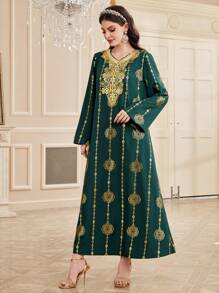Al Najma Women's Arabic Floral Print Gold Foil Print Dress, Elegant Evening Party Dress