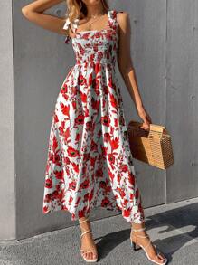 Breezaya Floral Print Shoulder Tie Sleeveless Dress - Red - View 3