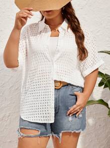SHEIN Frenchy Plus Size Women's Drop Shoulder Short Sleeve Shirt - White - View 1