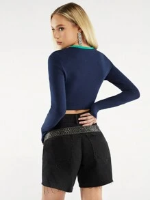 Forever 21 Của phụ nữ Kiểu Mỹ Retro Lá thư In Tay áo dài Cơ bản Top Cây trồng Áo thun - Màu xanh lam - Xem 2