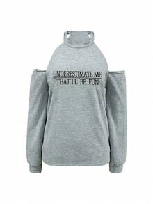 女士宽松休闲圆领字母印花性感露肩个性化慵懒风卫衣，适合日常、居家、办公、约会、上学、毕业季等场合，时尚百搭，春夏秋季皆宜。 - 灰色 - 查看 3