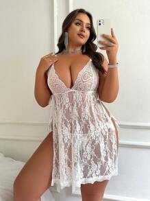 大尺碼打結側透花邊背心短上衣和g弦情趣內衣套裝,完美適用於婚禮季節 - 白色 - 查看 1