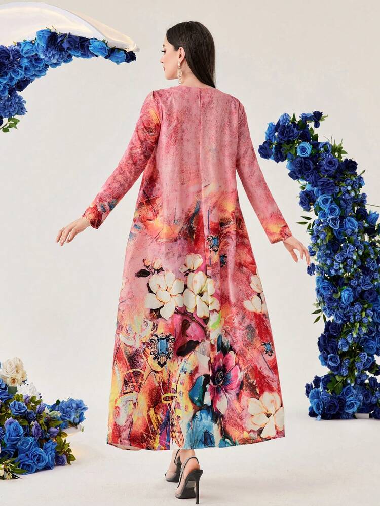 Tie-Dye Flower Print Patchwork Sequin Trimmed Ribbon Belted Maxi Length Jalabiya Dress