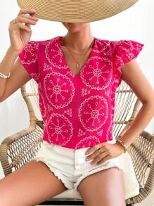 Breezaya Blusa Con Adornos De Encaje Con Bordado Recortado Hueco - Rosa Fucsia - Ver 4