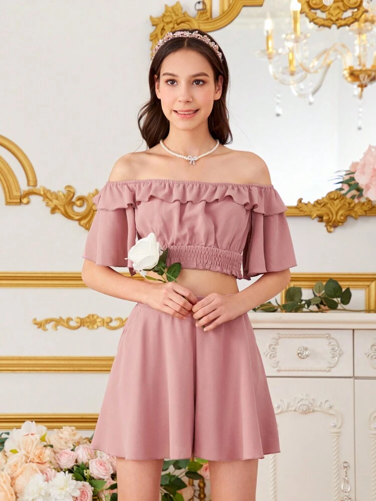 Teen Girls' Solid Off Shoulder Top With Ruffle Trim And Shorts Set