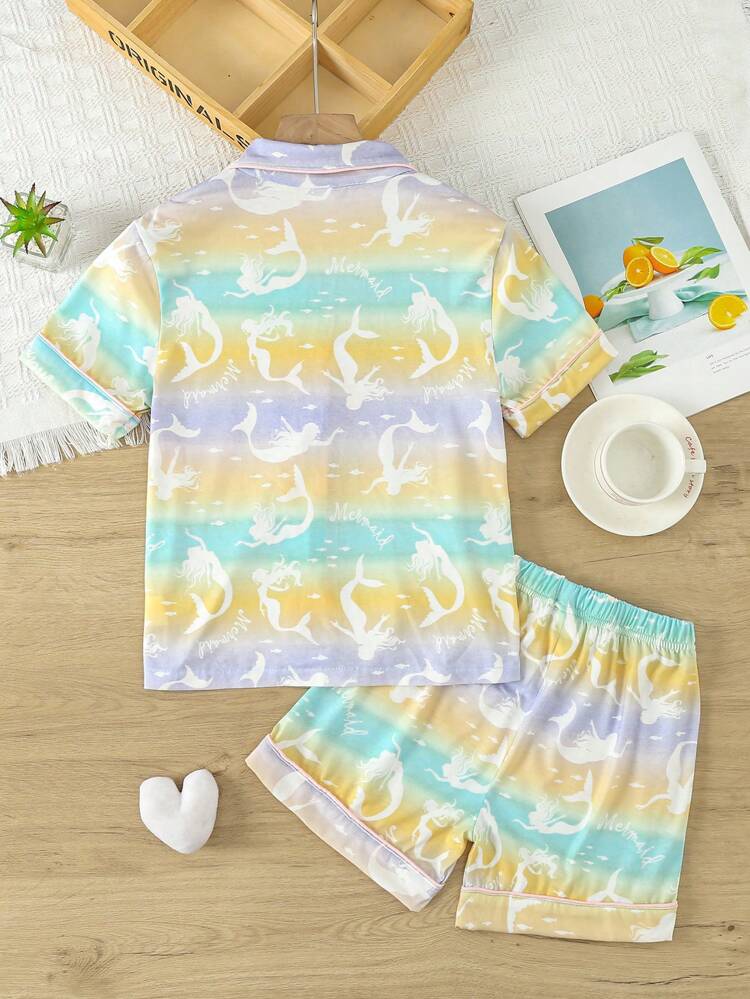 Tween Girls' Gradient Mermaid Print Shorts And Short Sleeved Top Pajama Set