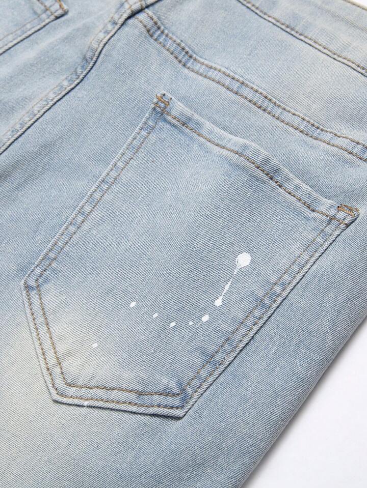 Manfinity LEGND Men's Patchwork Ripped Jeans, Frayed Jeans, Slim Fit Long Ripped Light Blue Cargo Jeans, For Husband, Boyfriend Gifts