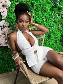 Slaydiva Women's Halter Neck Backless Halter Top And Ultra Short Shorts Set - White - View 4