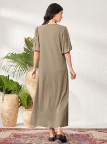 Seusyu Women's Button Front Puff Short Sleeve Dress - Army Green - View 2