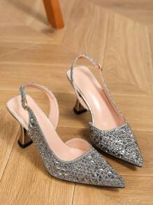 2025秋冬灰色水钻装饰尖头方跟凉鞋，女士春夏新款露跟踝带鞋，优雅，女士高跟鞋，派对装扮，尖头高跟鞋 - 灰色 - 查看 6