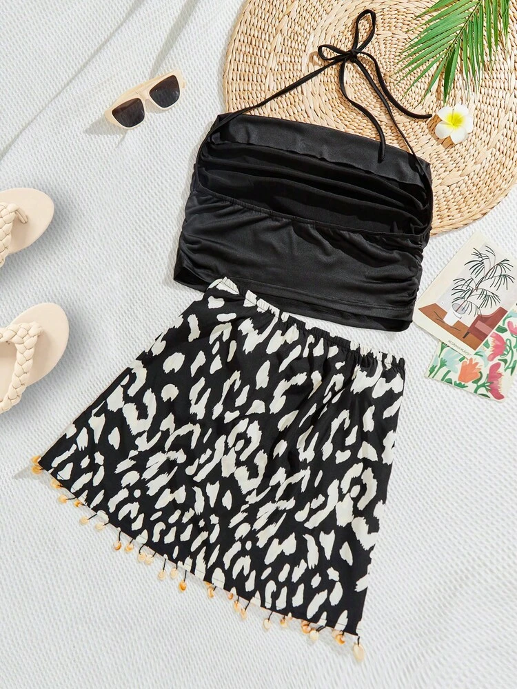 Plus Size Holiday Printed Seashell Decorated Wrapped Skirt And Solid Halter Top Two Pieces Set