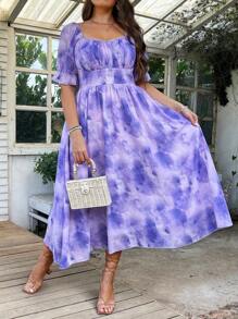 Flirla Plus Size Women's Square Neck Elegant Ombre Dress - Purple - View 3