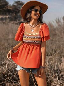 SHEIN LUNE Women's Geometric Printed Ruffle Short Sleeve Shirt - Orange - View 7