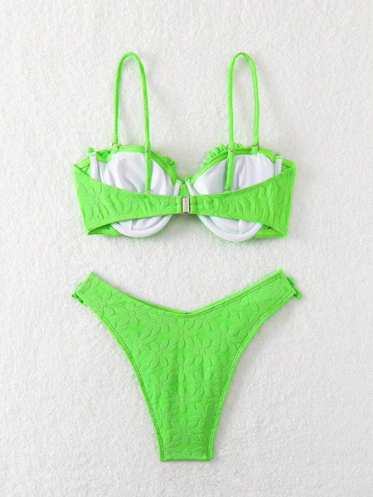 Women's Floral Print Halter Bikini Set With Underwire And Ruffled Hem, 2pcs Summer