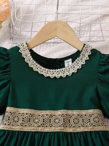 Young Girl's Green Puff Short Sleeve Dress With Gold Lace Trim - Green - View 4
