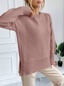 SHEIN Cottnline Raglan Sleeve Split Hem Sweater - Pink - View 5