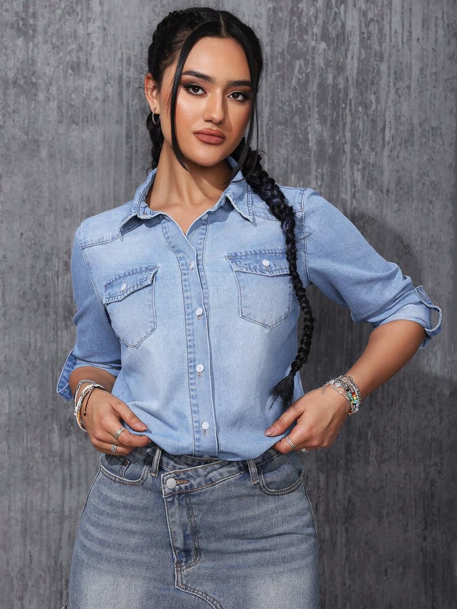 Của phụ nữ Flip Túi Tay áo dài Áo denim Áo - Rửa nhẹ - Xem 1