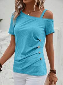 EMERY ROSE Women's Asymmetrical Neckline Button Decorated T-Shirt - Mint Blue - View 5