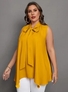 SHEIN Clasi Women's Plus Size Sleeveless Shirt With Asymmetric Hem And Tie Front