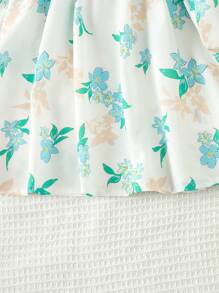 SHEIN 女孩夏日度假風碎花印花旗袍短袖洋裝搭扣+包包 - 彩色 - 查看 6