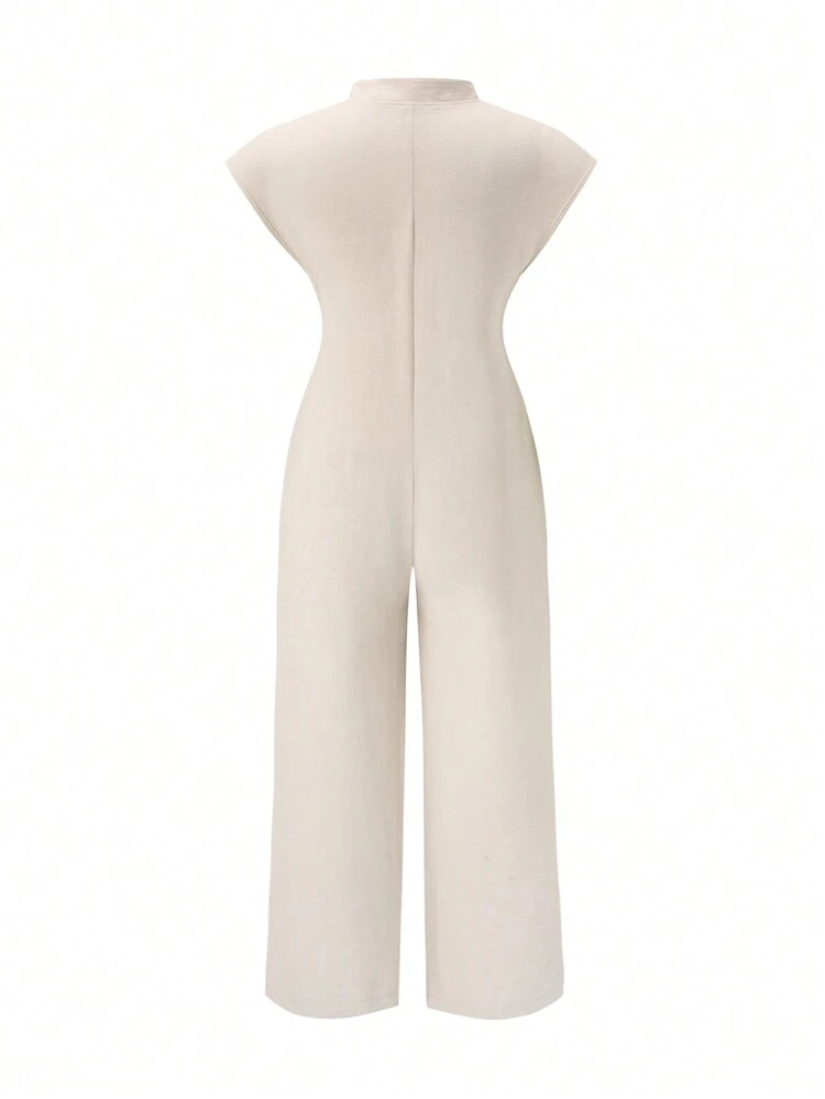 Plus Size Solid Color Loose Shoulder Stand Collar Short Sleeve Jumpsuit