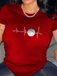 Maweii Camiseta de talla grande con estampado de ECG y luna para ropa de Año Nuevo, camisetas gráficas para mujeres