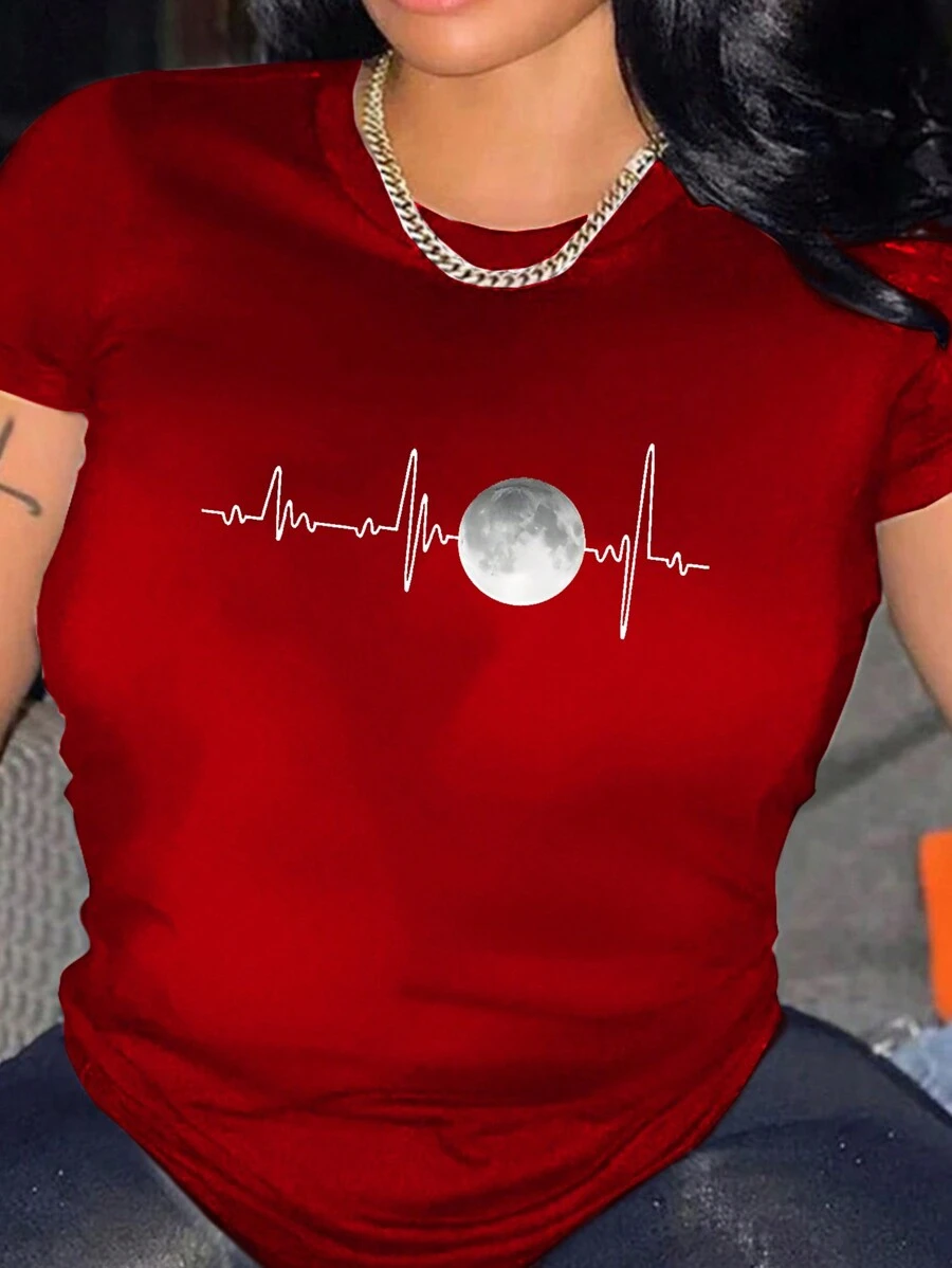Maweii Plus Size Ecg & Moon Printed T-Shirt For New Year Clothes Graphic Tees Women Tops - Red - View 1