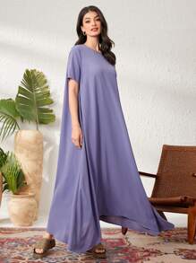 Seusyu 女士圓領短袖不對稱裙擺連衣裙 - 紫色 - 查看 3