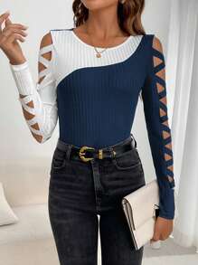 SHEIN Clasi 女款仿舊長袖拼色 T 卹 - 藍白色 - 查看 5