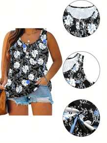 INAWLY Áo ba lỗ in hoa cỡ lớn cho mùa hè - Đen và trắng - Xem 3