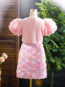 SHEIN Tween Girls' 3d Flower Pattern Round Neck T-Shirt And A-Line Skirt Set - Pink - View 2
