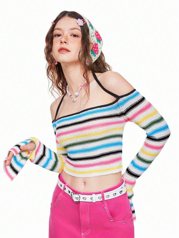 SHEINNeu Suéter Sin Mangas De Mujer A Rayas Multicolores Con Cuello Holgado Y Hombros Descubiertos