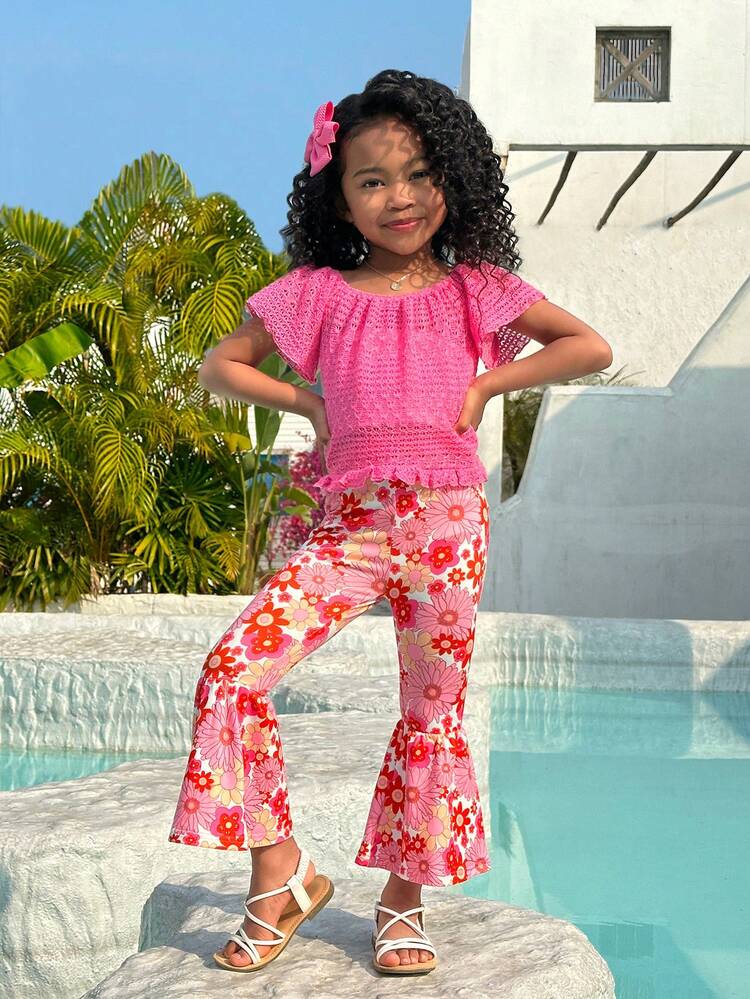 Young Girls' Daily Casual Solid Color Strapless Top And Short-Sleeved Top And Floral Print Bell-Bottoms Set