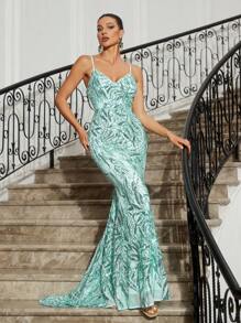 SHEIN Belle 优雅华丽的女士草绿色性感背带吊带背心奢华高弹力亮片花卉宴会礼服适合派对宴会节日度假及地晚礼服（重工）正式舞会婚礼宾客礼服，适合毕业典礼、晚宴 - 綠色 - 查看 6