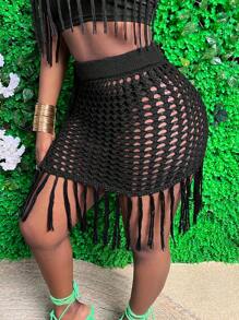 Slaydiva 1pc Bohemian Style Fringed Knitted Skirt For Vacation - Black - View 4