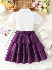 Conjunto De Blusa De Manga Bufante Para Meninas Tween E Saia Com Babados Em Várias Camadas
