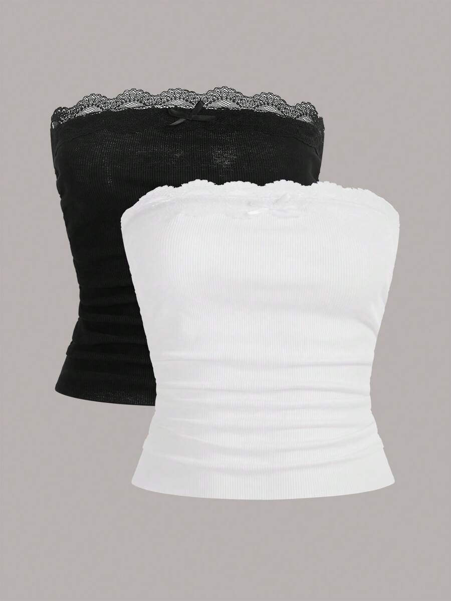 SHEIN Teen Girl Knitted Solid Color Lace Decorated Casual Tube Top With Matching Cardigan Two Pieces Set - Black and White - View 1