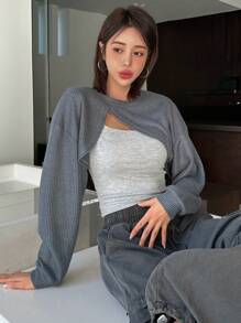 DAZY 女士圓領不對稱下擺超短上衣 - 灰色 - 查看 3
