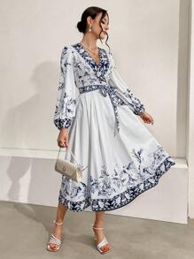 Seusyu Women Dresses Berikat Membungkus Bunga Casual - MultiWarna - View 8