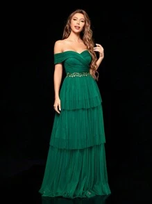 Off Shoulder Asymmetrical Layered Mesh Dress, Elegant Formal Evening Prom Wedding Guest Gown, For Graduation, Dinner Party Dress Spring - Dark Green - View 5