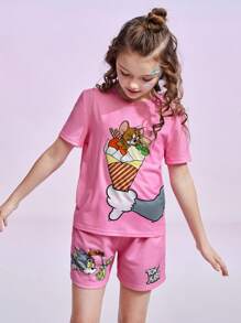 TOM & JERRY X SHEIN 少女可愛卡通印花套裝 - 粉色 - 查看 3