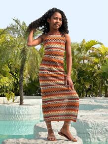 SHEIN SLAYR Tween Girl Tween 女童休闲几何印花挂脖无袖上衣和裙子套装 - 彩色 - 查看 3