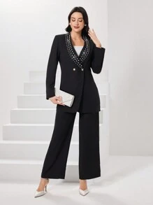 Modelyn 珠饰披肩领长袖西装外套和裤子套装女士商务西装两件套 - 黑色 - 查看 4