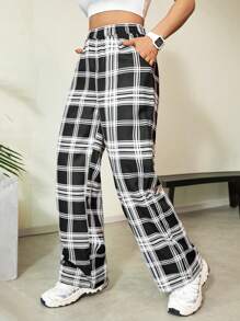 SHEIN Unity Quý cô Eo đàn hồi Kẻ sọc Quần Với Túi xéo - Đen và trắng - Xem 1