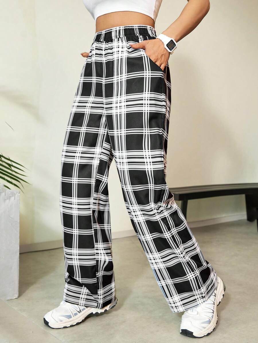 SHEIN Unity Quý cô Eo đàn hồi Kẻ sọc Quần Với Túi xéo - Đen và trắng - Xem 1