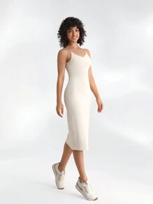 Lifespree Slit Hem Bodycon Spaghetti Strap Midi Dress - Apricot - View 3