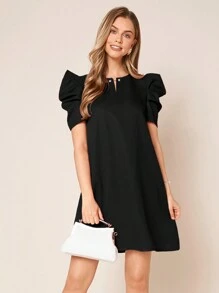Amorya Damen-puff-kleider Mit Kurzen Ärmeln Und Rundhalsausschnitt - Schwarz - Übersicht 5